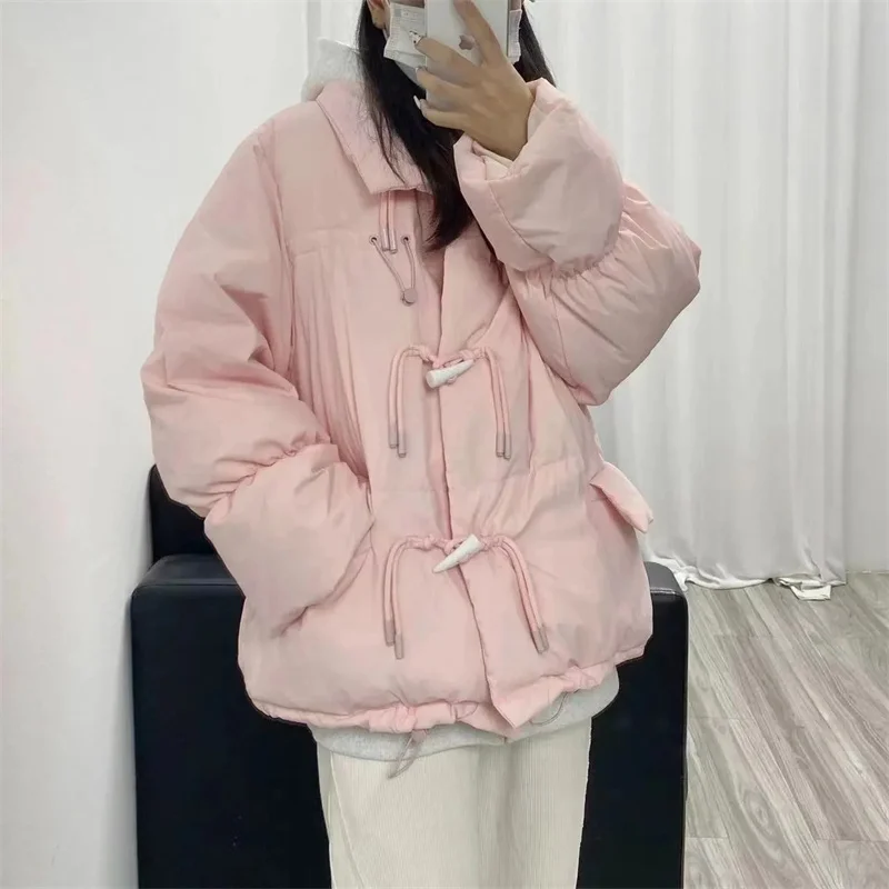 2024 Women\'s Warm Thicken Parkas Stand Neck Horn Button Monochromatic Winter Jackets Loose Preppy Style Sweet All Match Puffer C