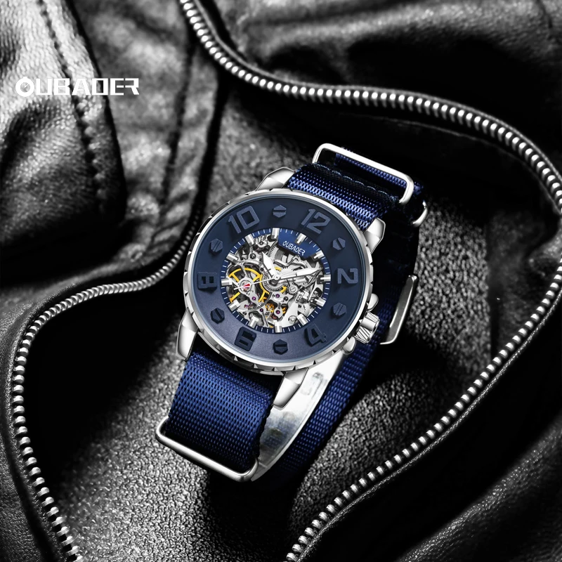 

OUBAOER мужские креативные нейлоновые часы со скелетонизированным механизмом, наручные часы с нейлоновым ремешком, часы из минерального закаленного стекла