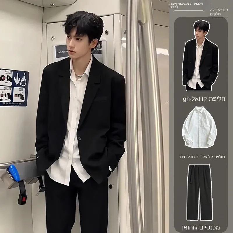 Black Shoulder Pad Casual Men's Suit Jacket Spring Autumn Style Korean Version Handsome Dapper DK Uniform Small Western Suit ...