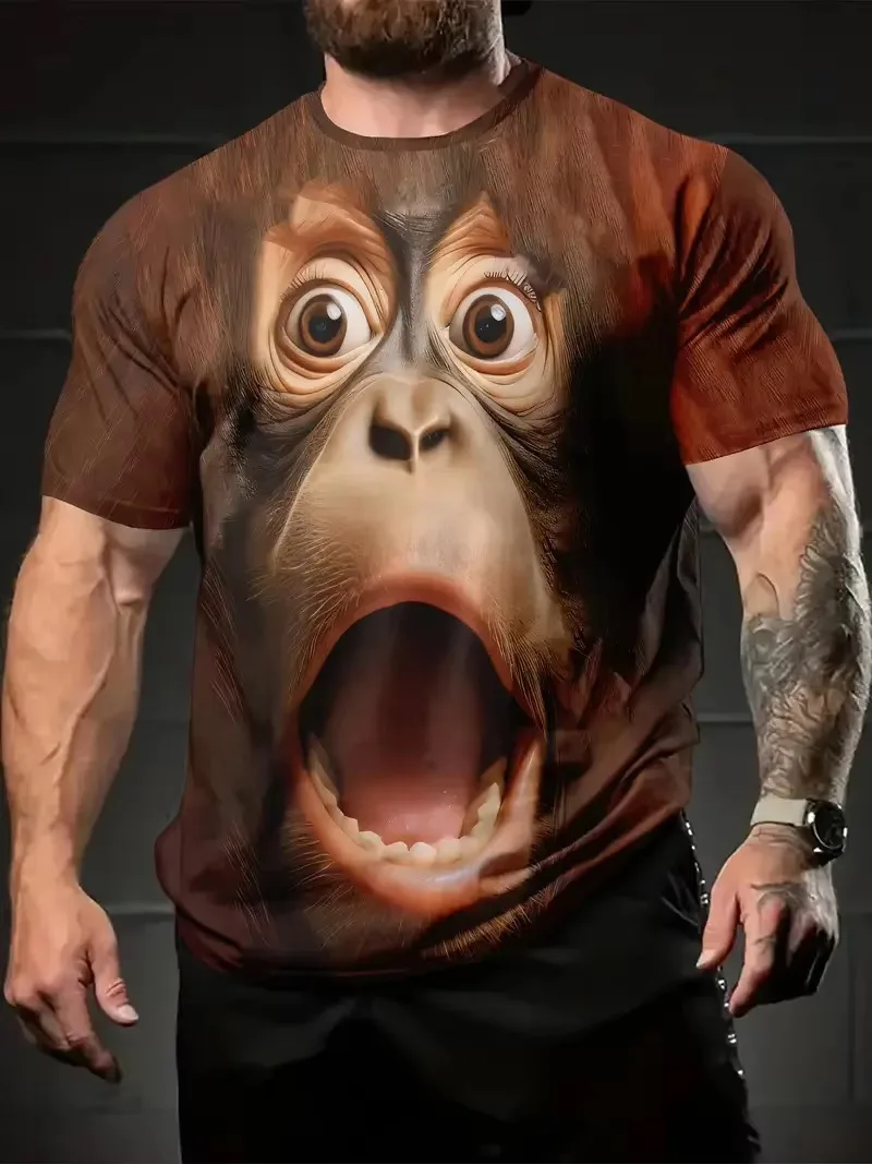 Men Monkey Face T Shirt Surprised Chimp Expression Graphic Short Sleeve Fun Tee