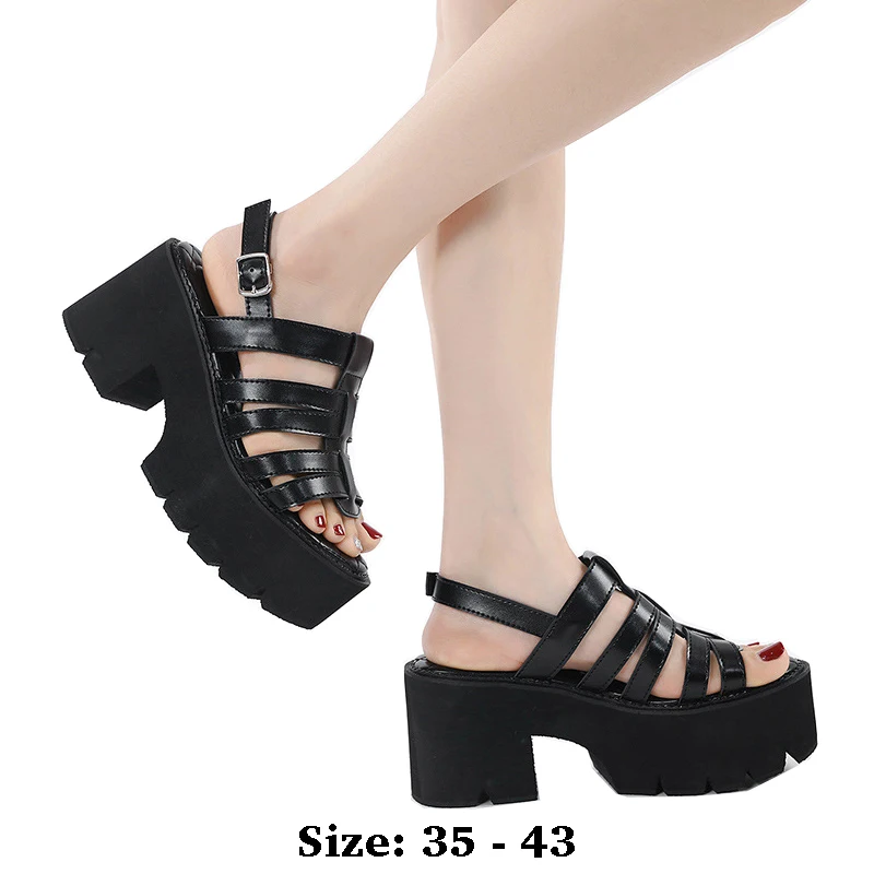 

High quality summer leather sandals for women 8cm high heel new 2025 size 35 43 platform open toe vintage fashion shoe black