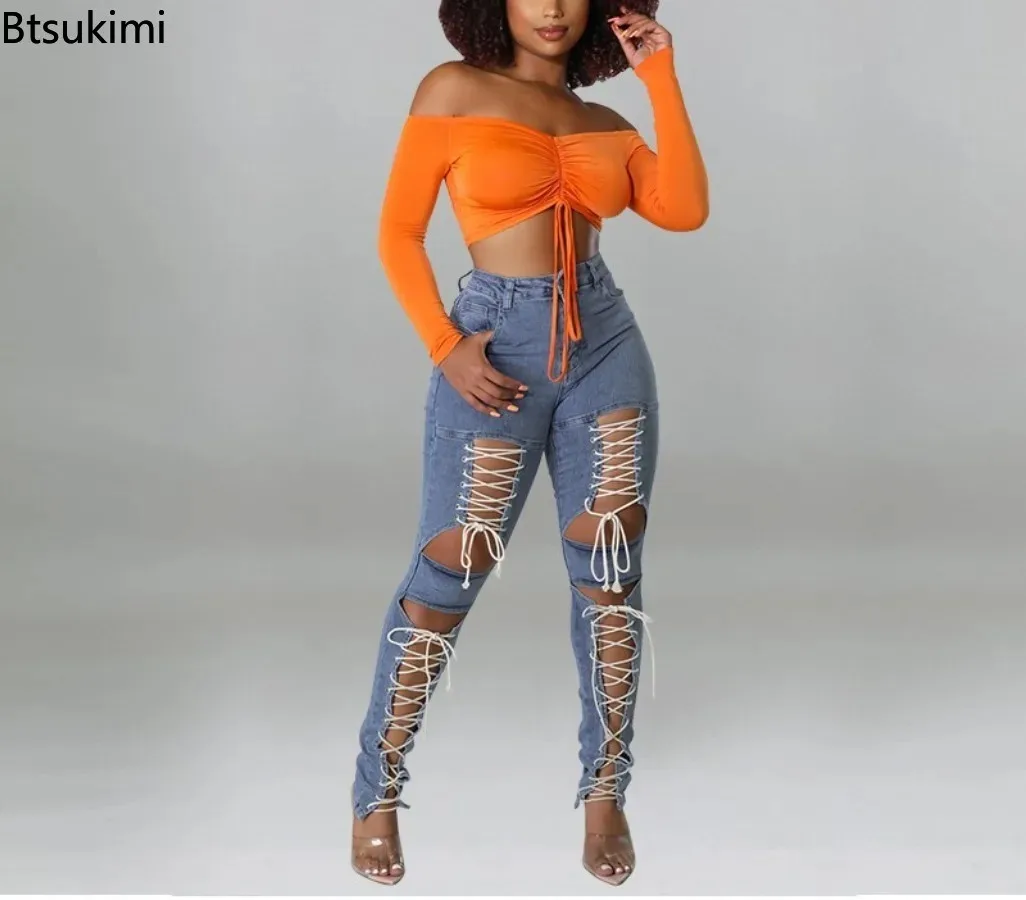 New Women's Summer Helosis Drawstring Jeans Pants Sexy Low Rise Denim Pants Tight Fitting Leggings Fashionable Streetwear Pants