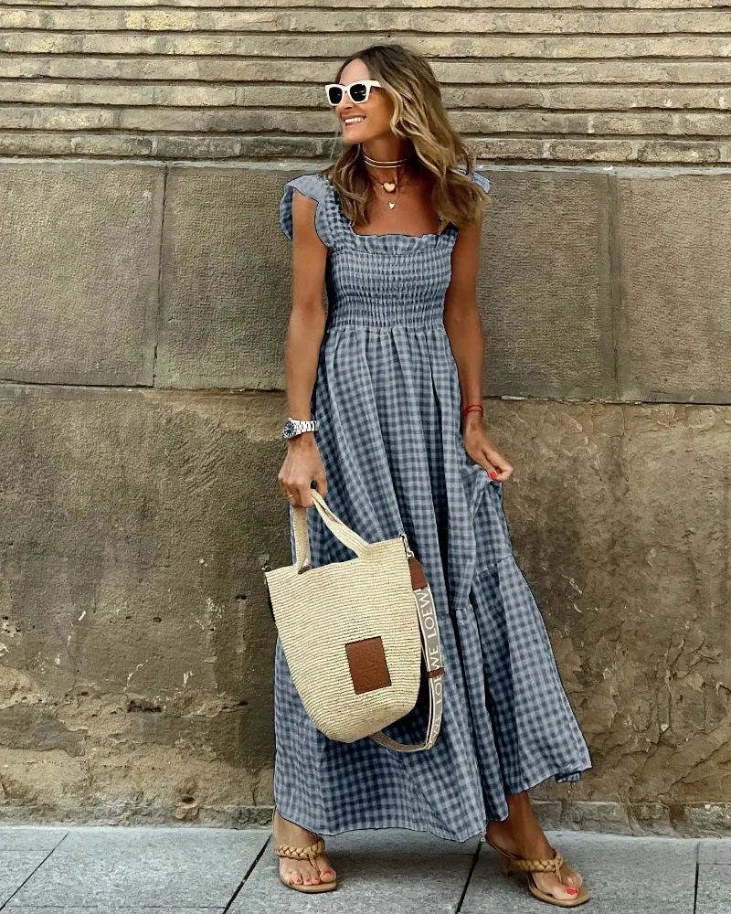 Elegant Temperament Plaid Patchwork Slip Boho Dress Summer Ruffle Backless Pleated Elastic Waist Swing Loose Party Dresses