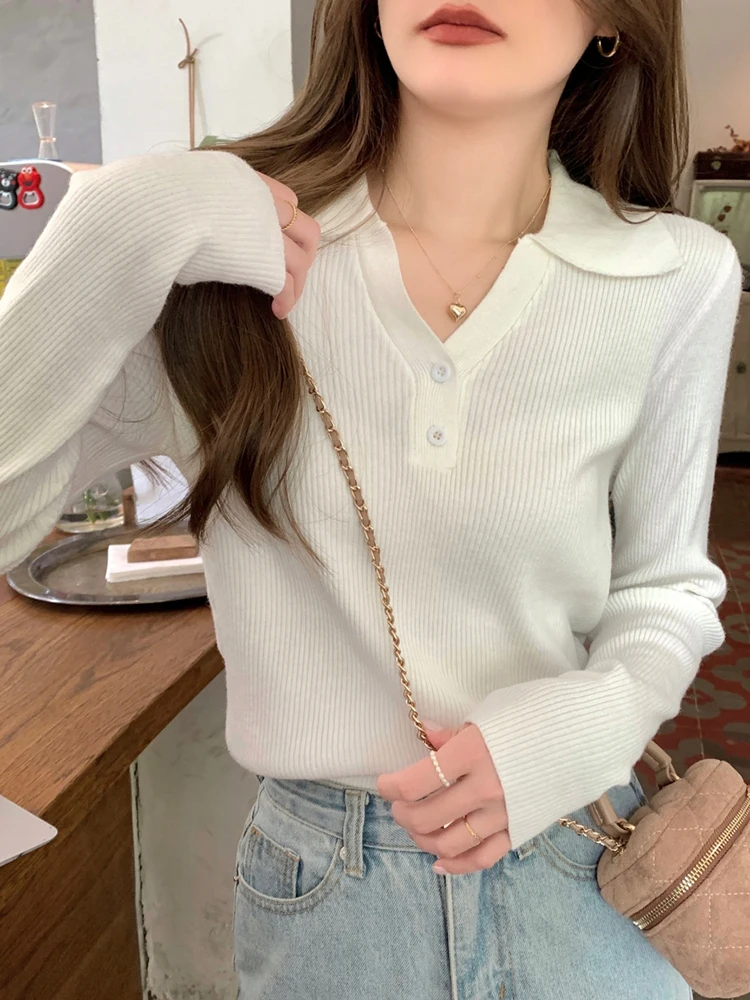 2024 new female sweater autumn half-open V-lapel pullover Korean version of long-sleeved wearing loose sweater slim button tops