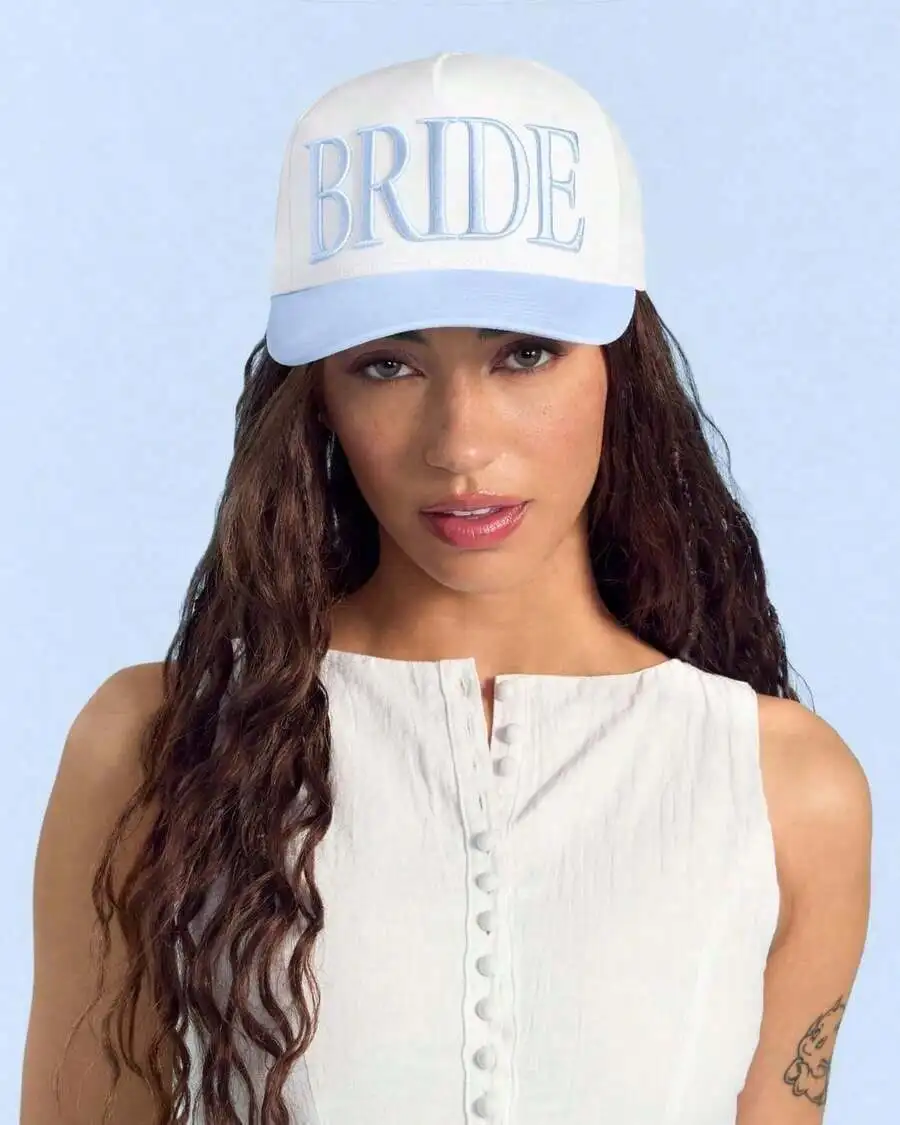 

White And Blue Bride Trucker Hat For Bachelorette Party Wedding Accessory