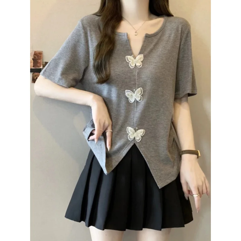 

Women's Clothing Solid Vent Large SizeT-shirt Summer Bufferfly Casual Short Sleeve Simple Tee Lady All-match V-neck Pullover Top
