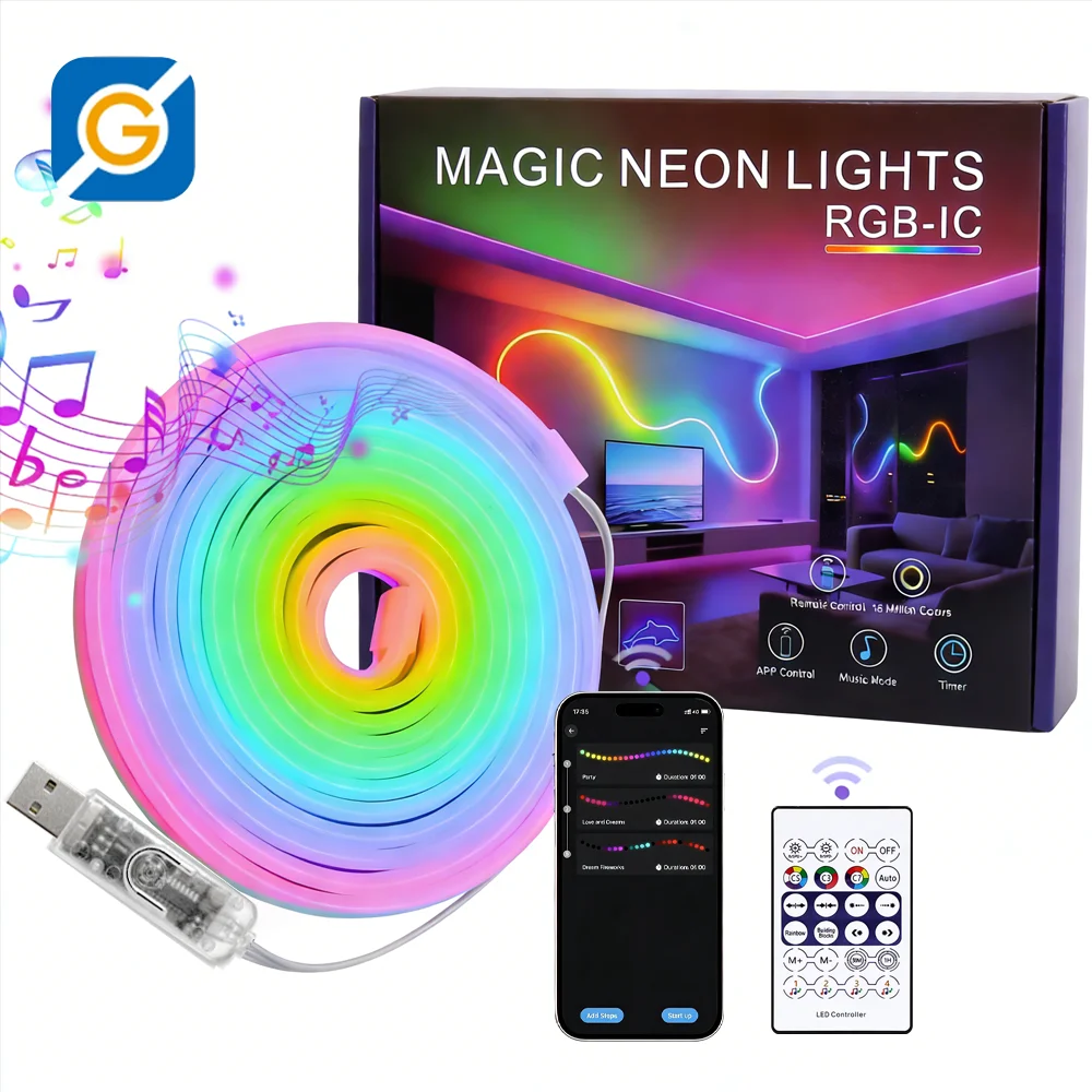 

Neon LED Strip Light 5V Approx 2m Silicone Neon Rope Light with Music Sync RGBIC Dream Color Chasing Light Strip for Living Room