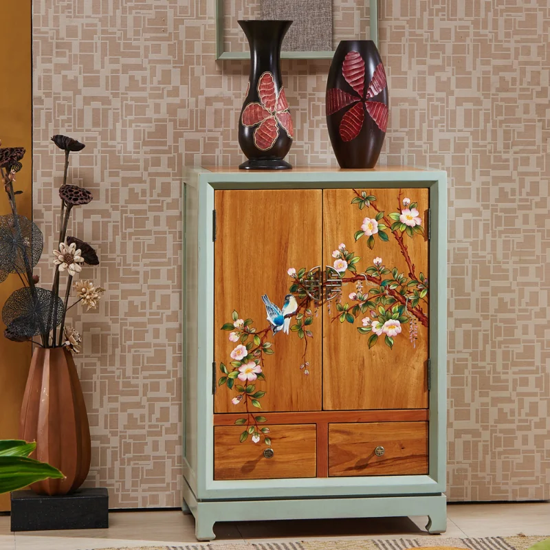 

New Chinese-style camphor painted double solid wood small apartment shoes neoclassical retro old door cabinet