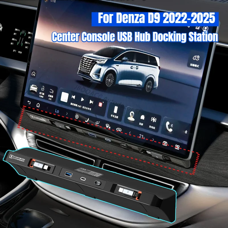 For Denza D9 2022-2025 Center Console USB Hub Docking Station Fast Charging Box Expander USB Charging Cable Interior Modified