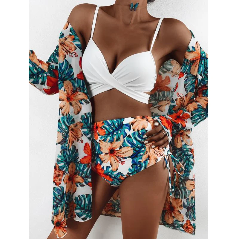 

New Sexy Three Pieces Bikini Set Cover Up Swimwear Women Swimsuit Print Long Sleeve Bathing Suit Beachwear Swimming Biquini