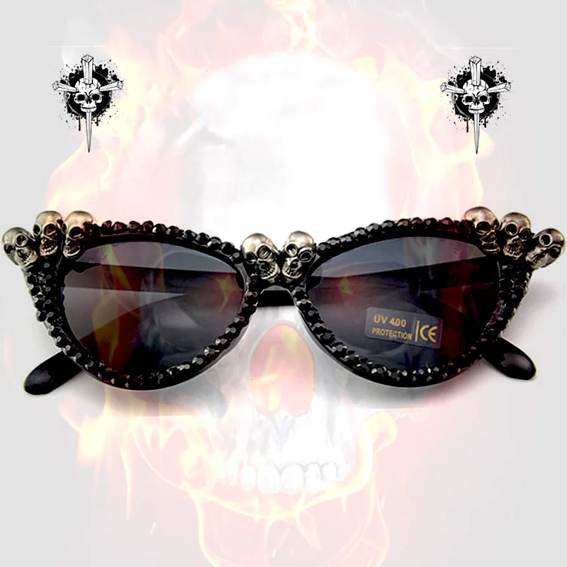 Gothic Skull Sunglasses Halloween Christmas Cat Eye Crystal Punk Sun Glasses