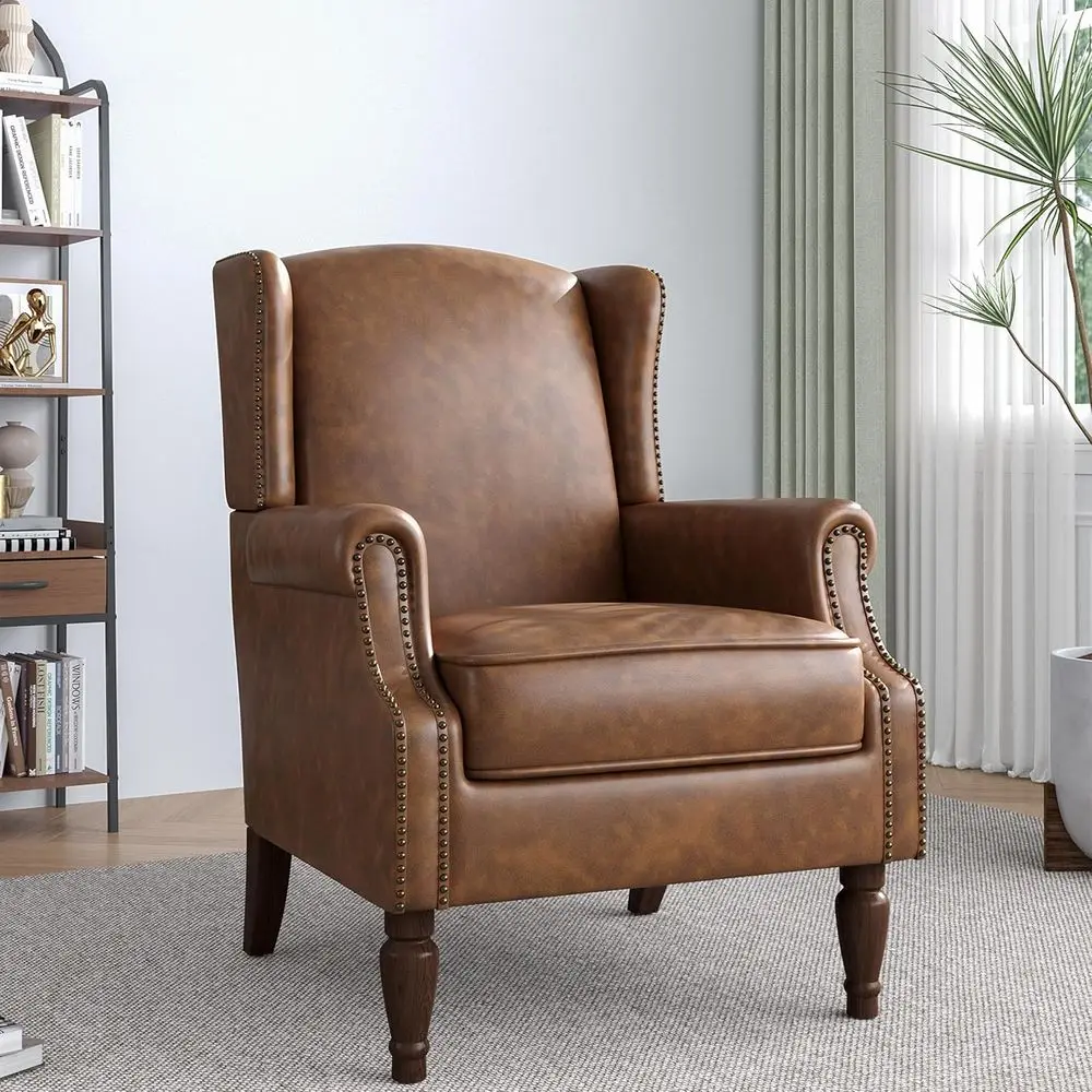 

High-Back Upholstered Leather Accent Chair for Living Room, Office, or Bedroom - Brown
