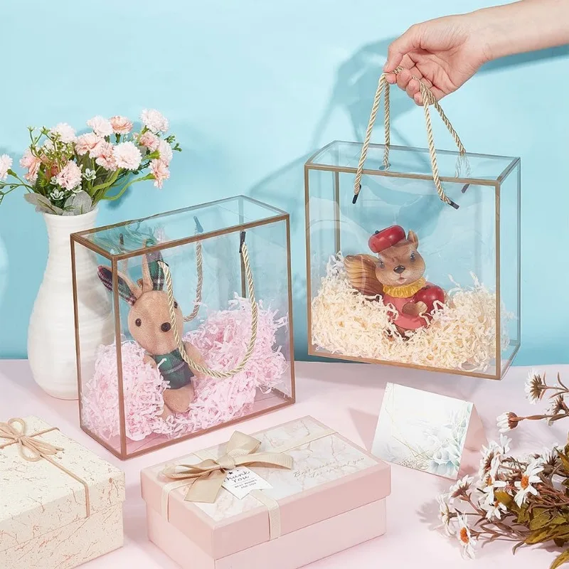 10 Packs Clear PP Plastic Gift Box 7.8x7.8x3.5 Inch Treat Gift Boxes with Gold Border and Handle Favor Box with Cord