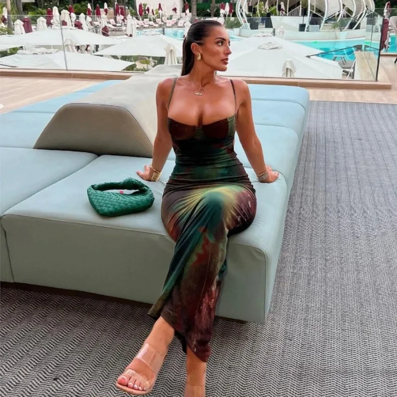 EOENKKY Abiti lunghi estivi Donna Elegante cinturino per spaghetti Abito sottile Vintage Tie Dye Stampa Abiti casual da donna 2025