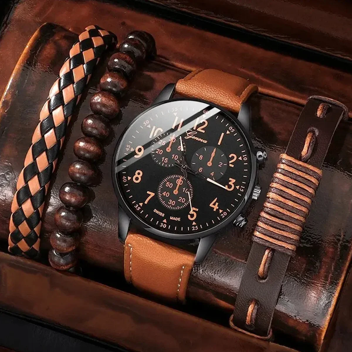 4Pcs/set Men's fashion Trend Brown PU leather quartz watch and bracelet set