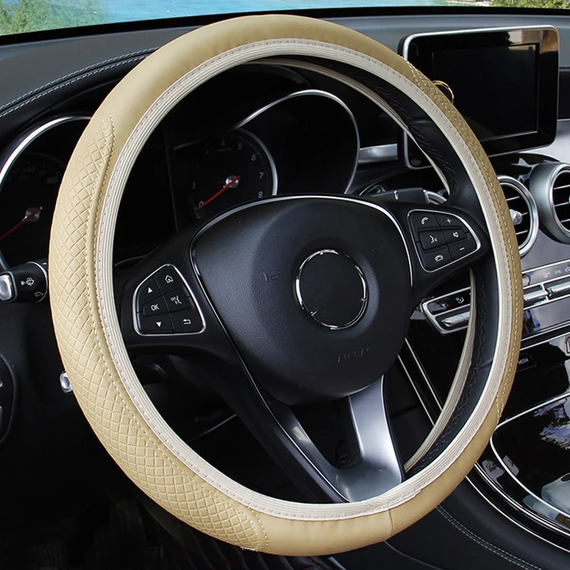 Car Steering Wheel Cover Breathable Anti Slip PU Leather Steering Covers Suitable 37-38cm Auto Decoration Carbon Fiber