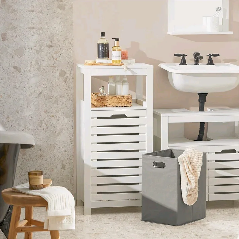 ！@Combohome White Bathroom Wooden Laundry Basket Laundry Cabinet with Storage