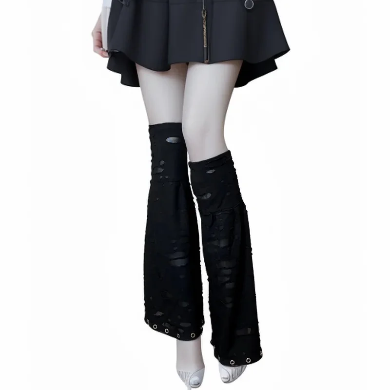 Gothic Socks For Women Knee High Flare Leg Warmer Street Harajuku Stockings Ripped Fabric Eyelet Ribbon 2025 Spring Summer