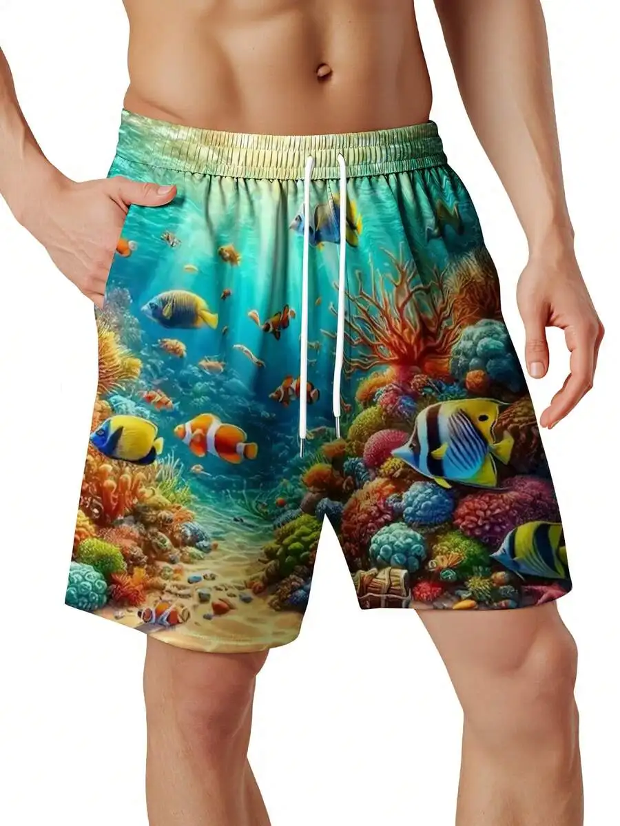 

Mens 3D Underwater Coral Reef Print Quick Dry Swim Trunks With Colorful Fish
