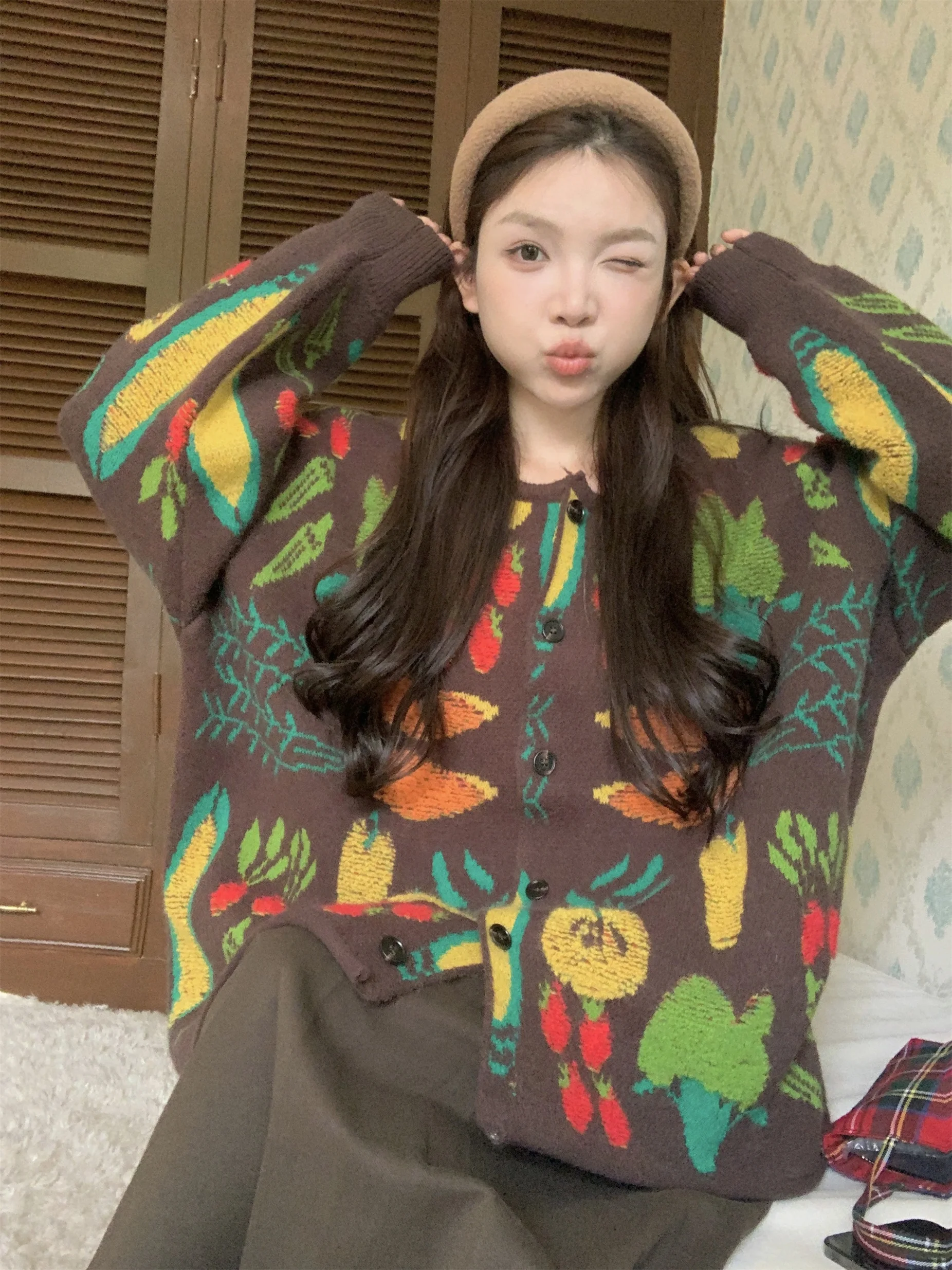 

Plus Size Sweet Vegetable Flower Large Size Women's Knitted Sweater Coat Lazy Sle Loose Fit Winter Outerwear Cardigan