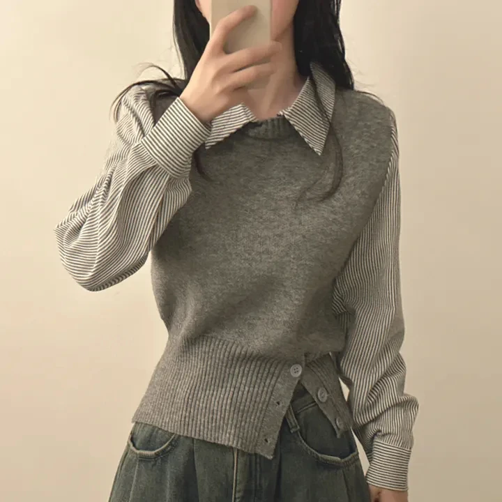 قميص نسائي محبوك بتصميم خريفي أنيق، بأكمام طويلة وتصميم مخطط، قطعة علوية قصيرة متعددة الاستخدامات على الطراز الكوري، تصميم كا...