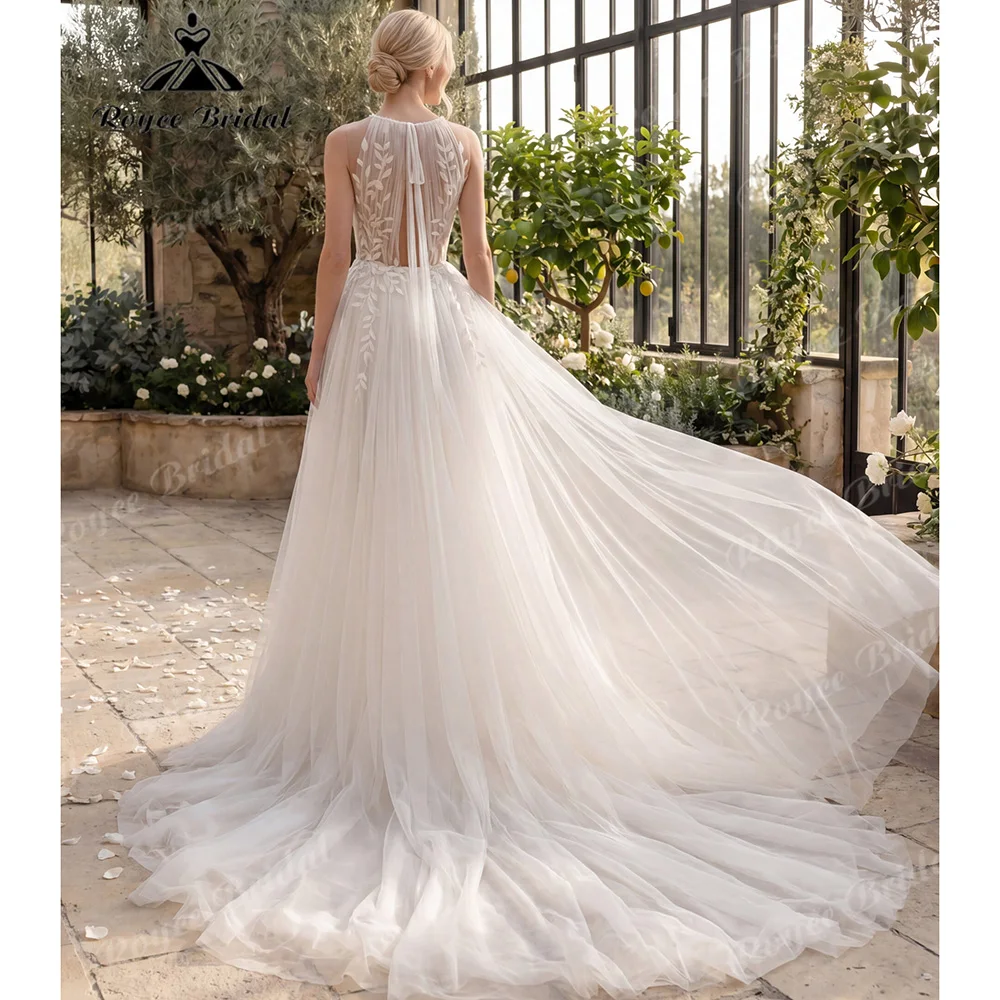 2027 Roycebridal Halter Neck Leaf Lace A Line Wedding Dress Keyhole Open Back Tied Soft Tulle Vestido De Novia Customized