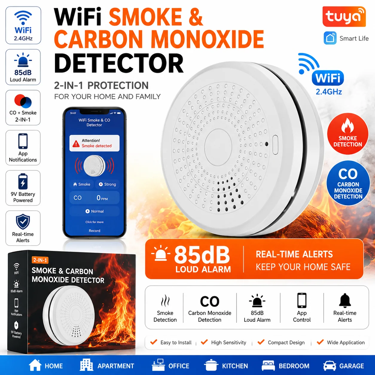 Детектор дыма и угарного газа Tuya WiFi 2-в-1, 85 дБ, сигнализация о возгорании и угарном газе, умный датчик безопасности для дома, работает с приложением Smart Life и Alexa