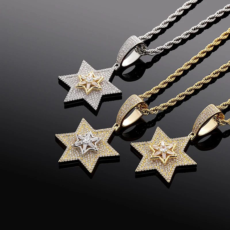 Hip Hop 5A+ CZ Stone Paved Bling Ice Out Rotatable Jew Star of David Hexagram Pendants Necklaces for Men Rapper Jewelry