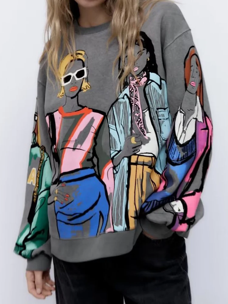 Autumn Winter Women Coal Gray O Neck Printed Sweatshirts Long Sleeve Loose Casual Pullovers Female Sudaderas