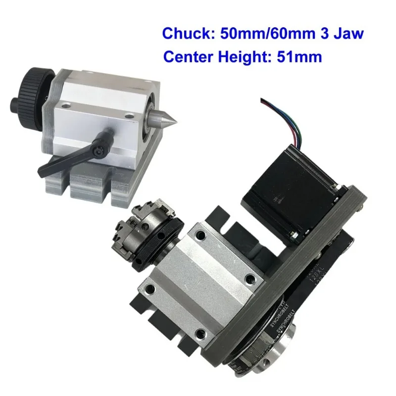 Center Height 51mm CNC Rotary Axis A 4 Axis 50mm 65mm Chuck 3 Jaws CNC Tailstock NEMA23 Stepper Motor for CNC Wood Router Tool