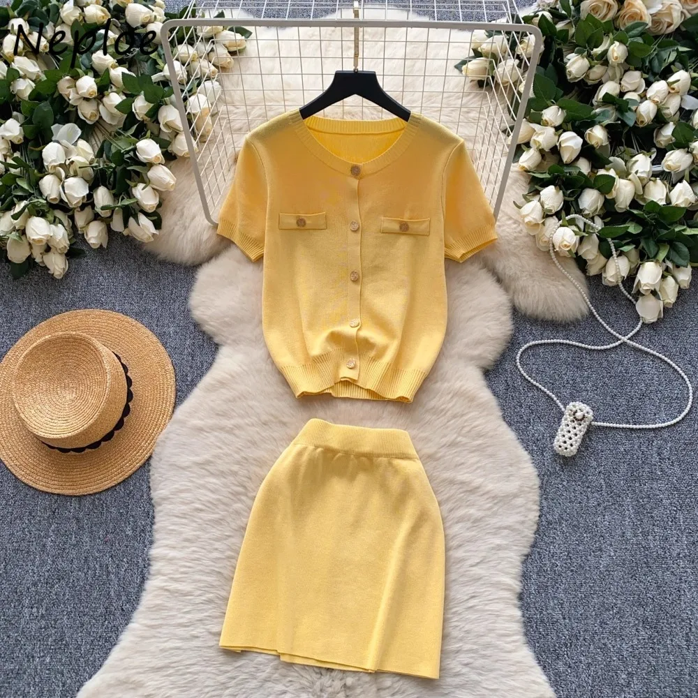 

Neploe Simple Solid Half Sleeve Set Knit Tops Straight High Waist Slim A-line Faldas Korea Advanced Western Suit Casual Skirts