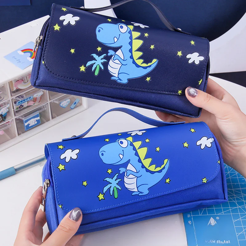 Cartoon Boy's Pencil Cases Space Astronaut Dinosaur Stationery Box Three Layer Capacity Waterproof Pen Bag School Supplies