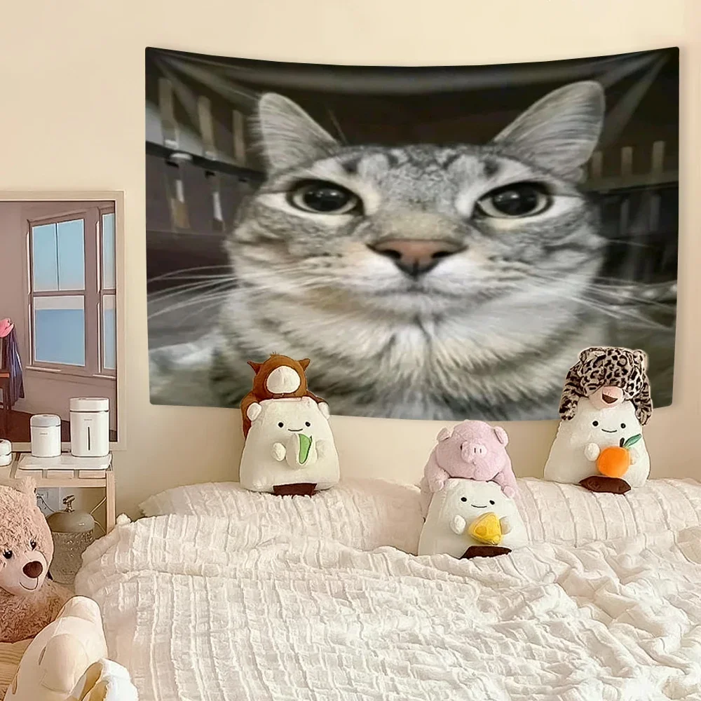 Afbeelding 3: Grappig kattenmeme wandtapijt, Kawaii Animal Home Decor wanddecoratie, slaapkamer slaapzaal achtergrond festival cadeau