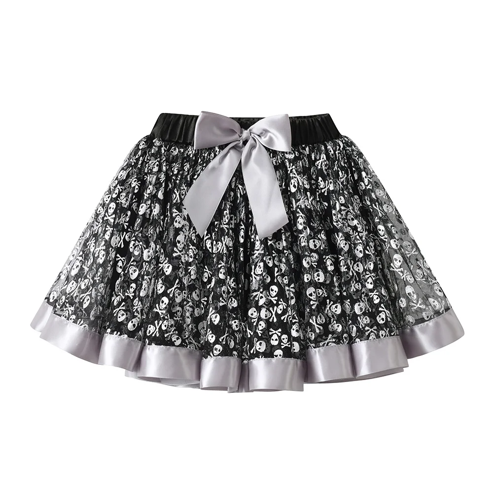 VIKITA – jupe Tutu en dentelle et tulle pour filles, imprimé tête de mort, avec nœud papillon, à volants, pour fête d'halloween, Costumes à la mode