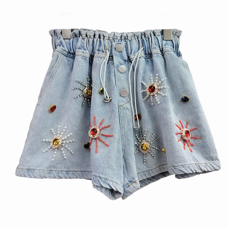 Heavy Industry Color Beads Rhinestones Denim Shorts High Waist Slimming Wide-Leg Shorts 2023 Spring Summer New Short Pants Women