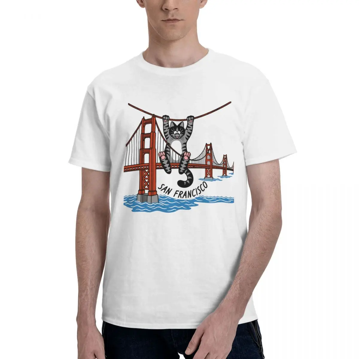 Men Ryan Gosling Cat Shirt Funny Golden Gate Bridge Cat Graphic Awesome T Shirt Streetwear Cotton Crewneck Men T Shirt