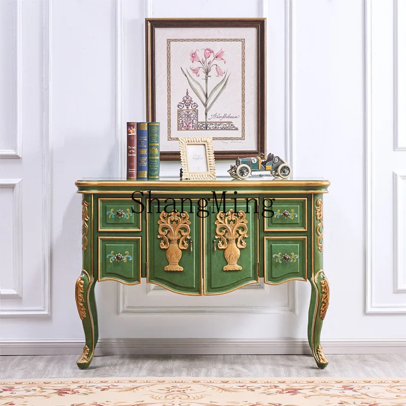 

FG supreme beauty gold emerald dining side cabinet solid wood carving flower living room entrance table retro wall cabinet