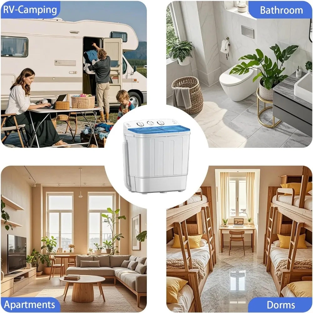 غسالة صغيرة الحجم بحوض مزدوج سعة 18 رطلًا مع رف تجفيف، وغسالة صغيرة الحجم بوزن 11 رطلًا ودوارًا سعة 7 رطل، وتحويل #6