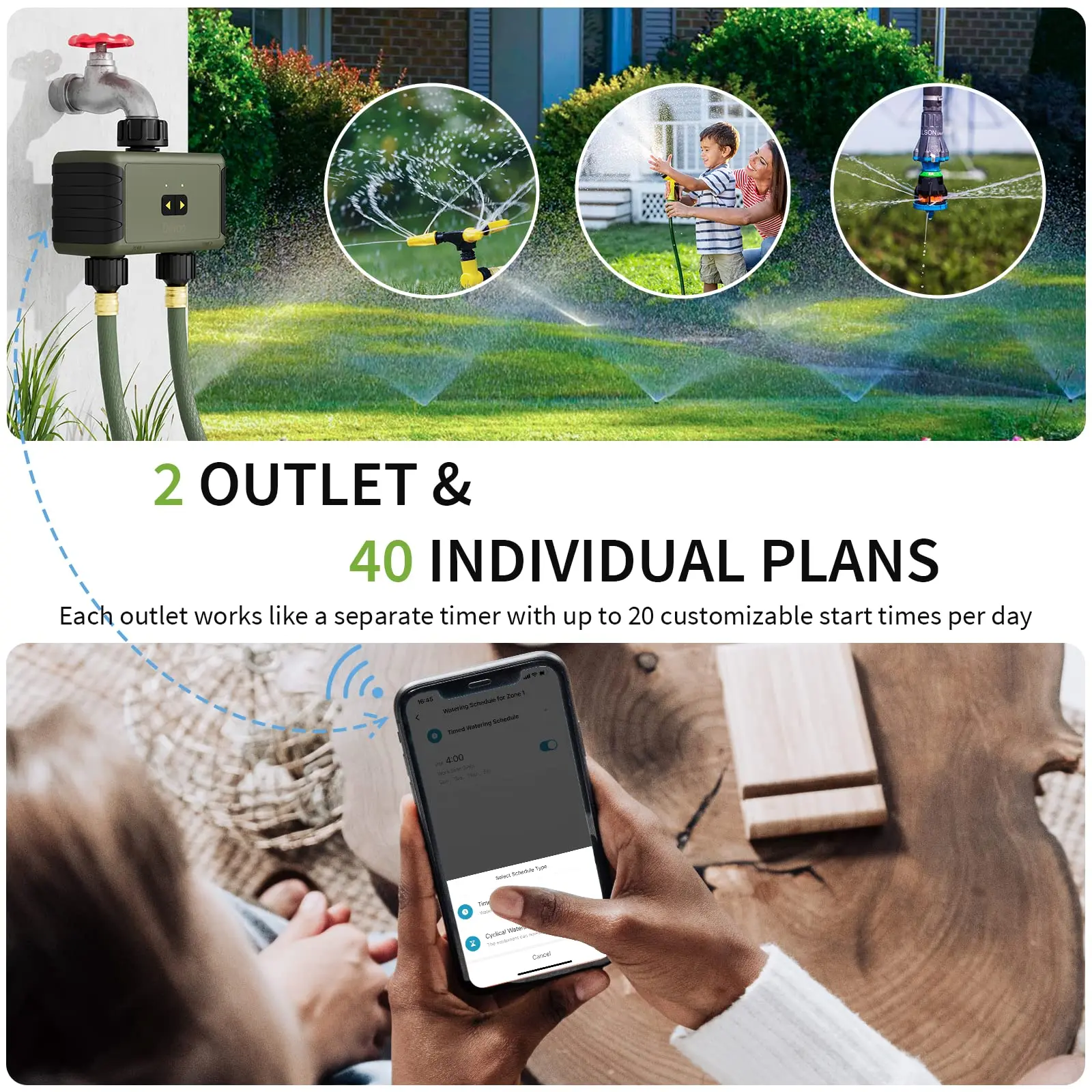 Diivoo-WiFi Temporizador De Água, Inteligente Válvula De Irrigação, Sprinkler Irrigação Controlador, Jardim Rega Automática Sistema 2 Zona