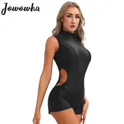 Womens Glossy Bodysuit Sleeveless Cutout Back Zipper Jumpsuit Stretchy Tight Playsuits Yoga Workout Exercise Fitness Swimsuit