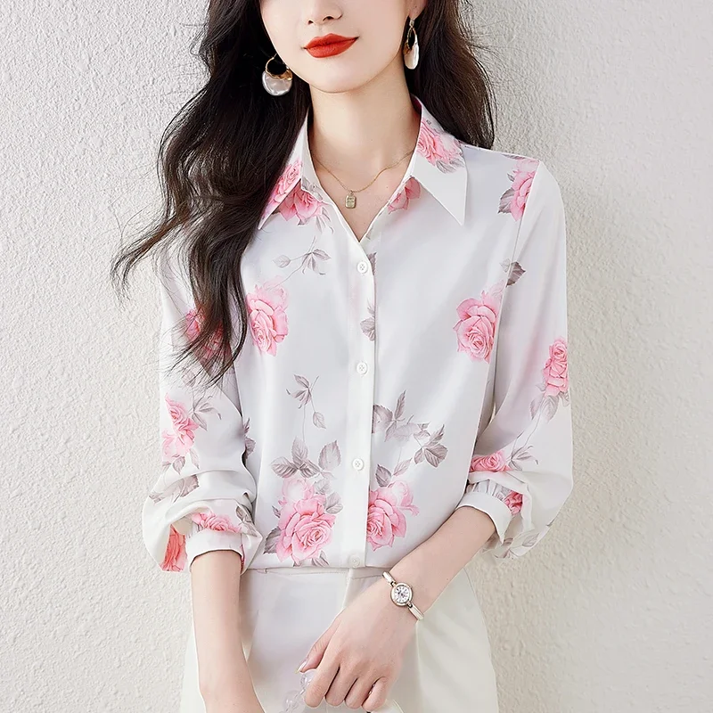 White Floral Shirts for Women Autumn Elegant Turn-down Collar Lantern Sleeve Blouses Womens Tops Fashion Print Slim Blouse Women