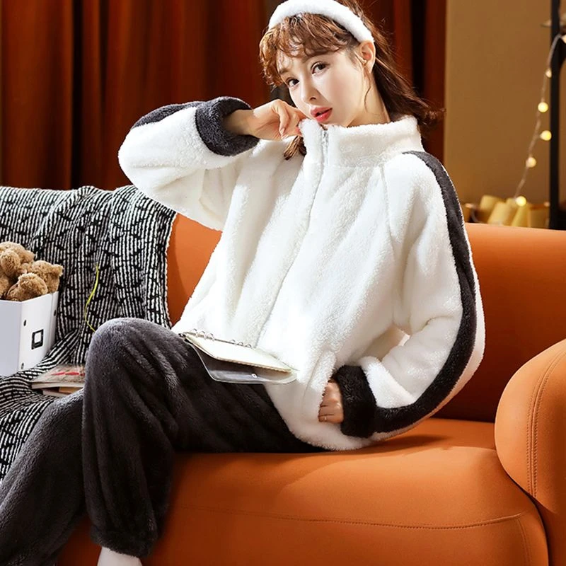 

Autumn and winter couples thick coral velvet pajamas women's Korean version of the plus-size flannel suit can be worn outside