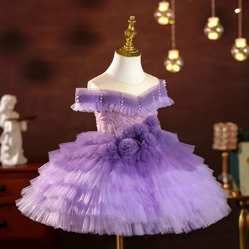 Vestido morado de un hombro para niñas, vestido de boda con flores, vestido de fiesta de princesa para desfile, vestido de boda para niñas con flores ﻿