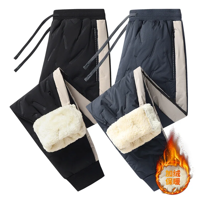 

Winter Mens Unisex Sweatpants Patchwork Thick Cashmere Warm Fleece Lined Sportswear Pants Loose-Fit Waterproof Thermal Trousers