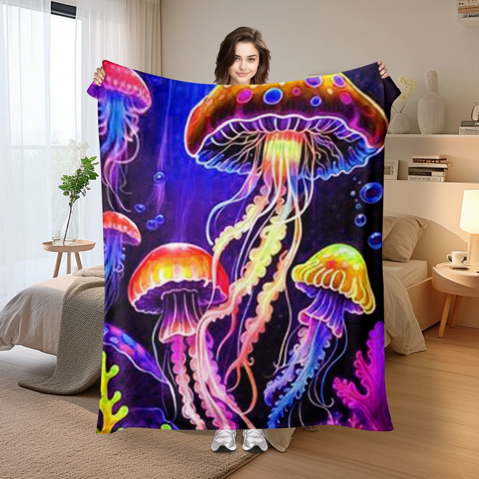 

Jellyfish With Seaweed Patterns On Deep Purple Background Featuring Orange And Yellow Accents For A Vibrant Home Decor Design