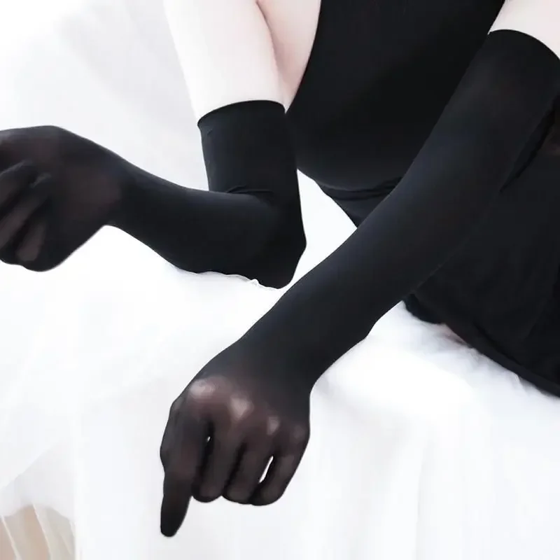 Fashion Sexy Lace Thin Transparent  High Elasticity Solid Women  White Black Hollow Breathable Long Gloves Seamless Black White