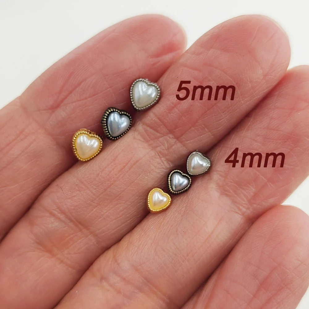 50pcs 5mm 4mm Mini Heart Pearl Metal Button for Doll Clothes Shank Love Shape Sewing Buttons DIY Doll Shoes Belt Bag Accessories