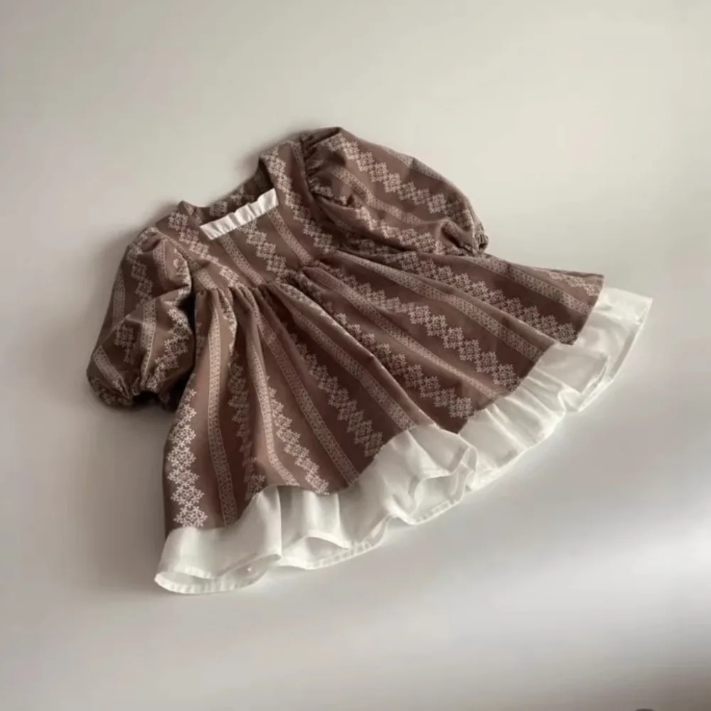 2026 Spring Girls Cotton Long Sleeve Dress, Printed Color Block Vintage Court Forest Style Ins Popular Princess Dress for Kids