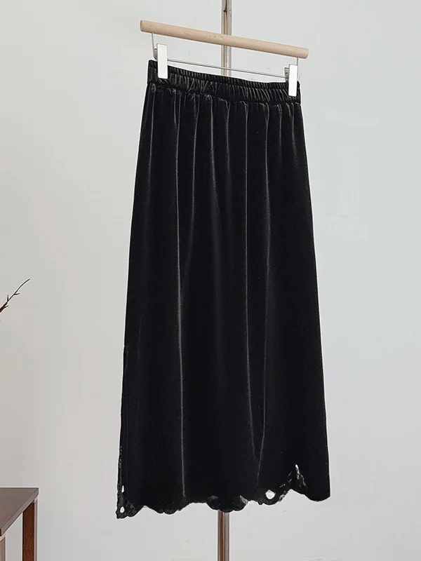 تنورة صينية جديدة مطرزة بالزهور المحروقة متوسطة الطول على شكل حرف a للنساء مقاس كبير بخصر عالٍ مرن...