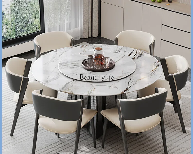 

High-End Marble round Dining Table with Turntable Italian Minimalist Microlite round Table Home